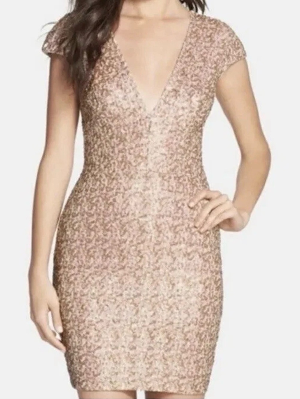 Dress the Population Rose Gold Sequined V-Neck Cap Sleeve Mini Dress - Picture 2 of 9